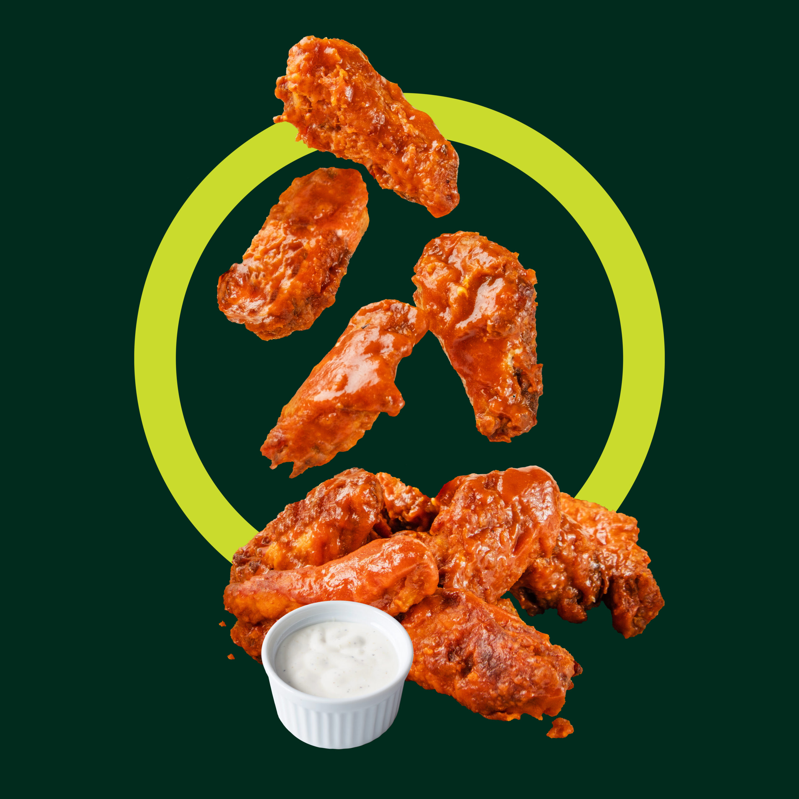 Chicken wings encircled by a graphic ring
